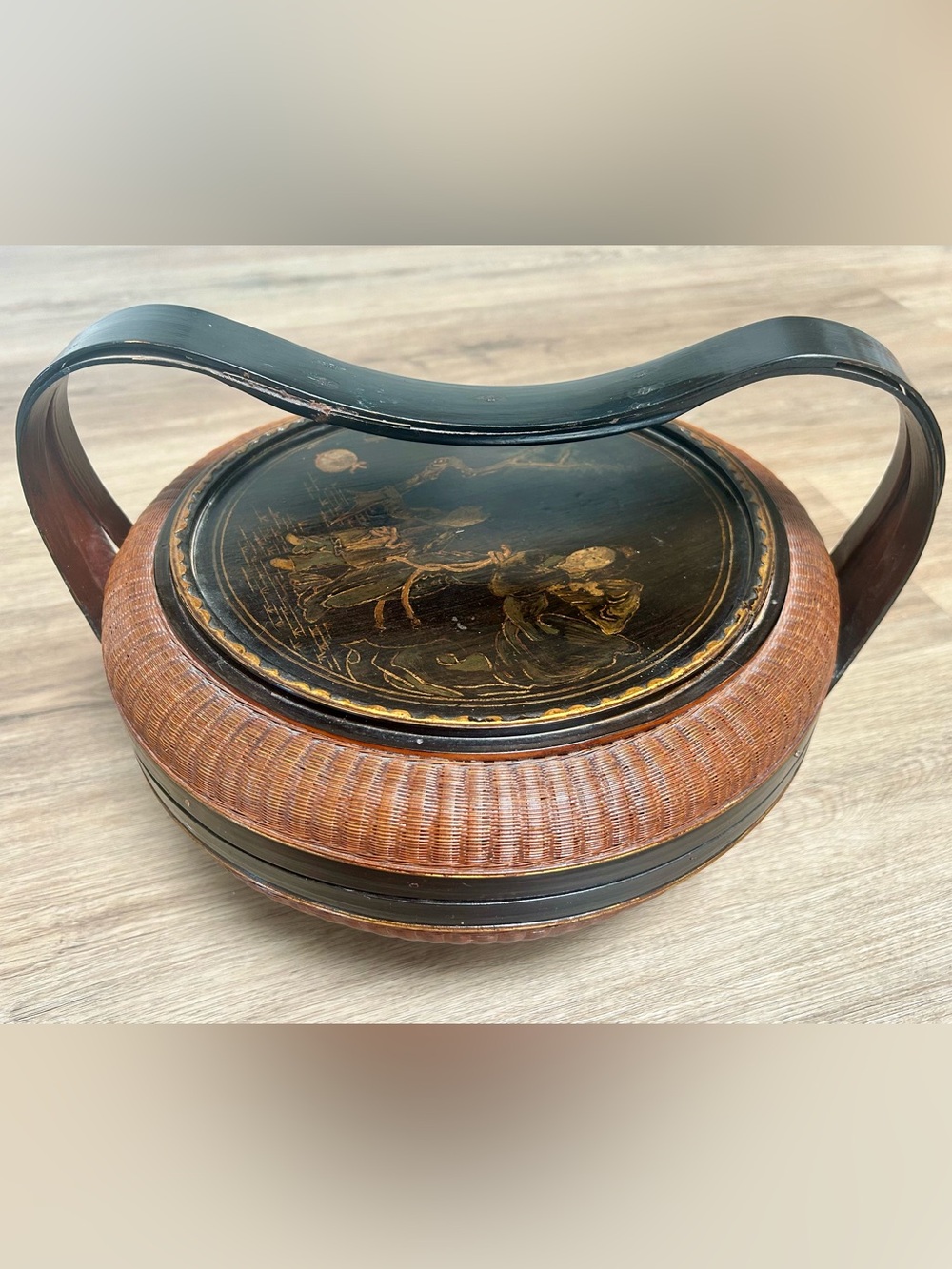 Antique Hand Painted Chinese Wedding Basket Woven Bamboo Rattan Wood